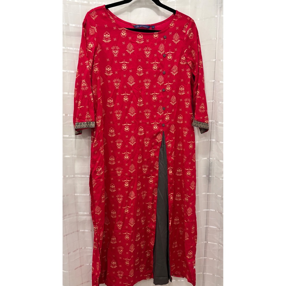 Avaasa Red Gold Foil Print Liva Kurti Front Slit Long Tunic Ethnic Dress Large